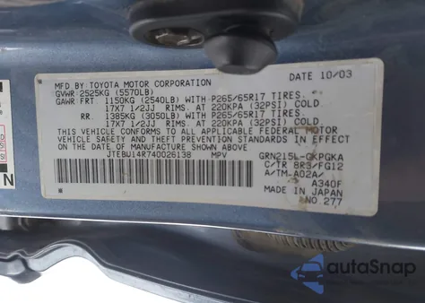 2004 Toyota 4Runner Sr5 V6 z USA, uszkodzony, nr VIN JTEBU14R740026138